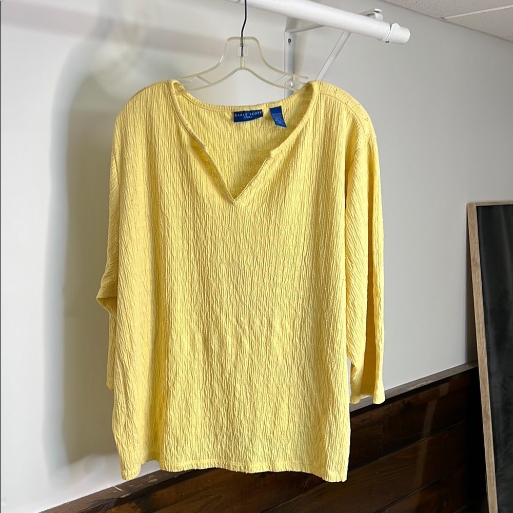 Karen‎ Scott Yellow Textured V-Neck Top 3/4 Sleeve- 3X